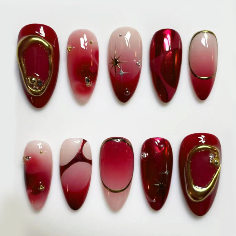 Resin Art Online - 24 Stück rote Mandel-Kunstnägel, einfaches französisches