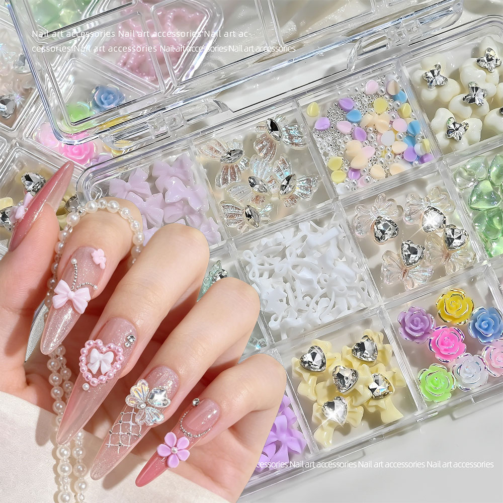 Resin Art Rose Petals - 12er-Set gemischte Harz-Schleifen-Rosen-Nagelkunst-Anhänger, Aurora-Schmetterlings-Nagelrhinestones, durchscheinende herzförmige