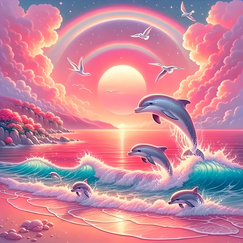 Resin Art Work - Diamant-Malerei-Set, Rosa Himmel- und Delfin-Muster, Runde
