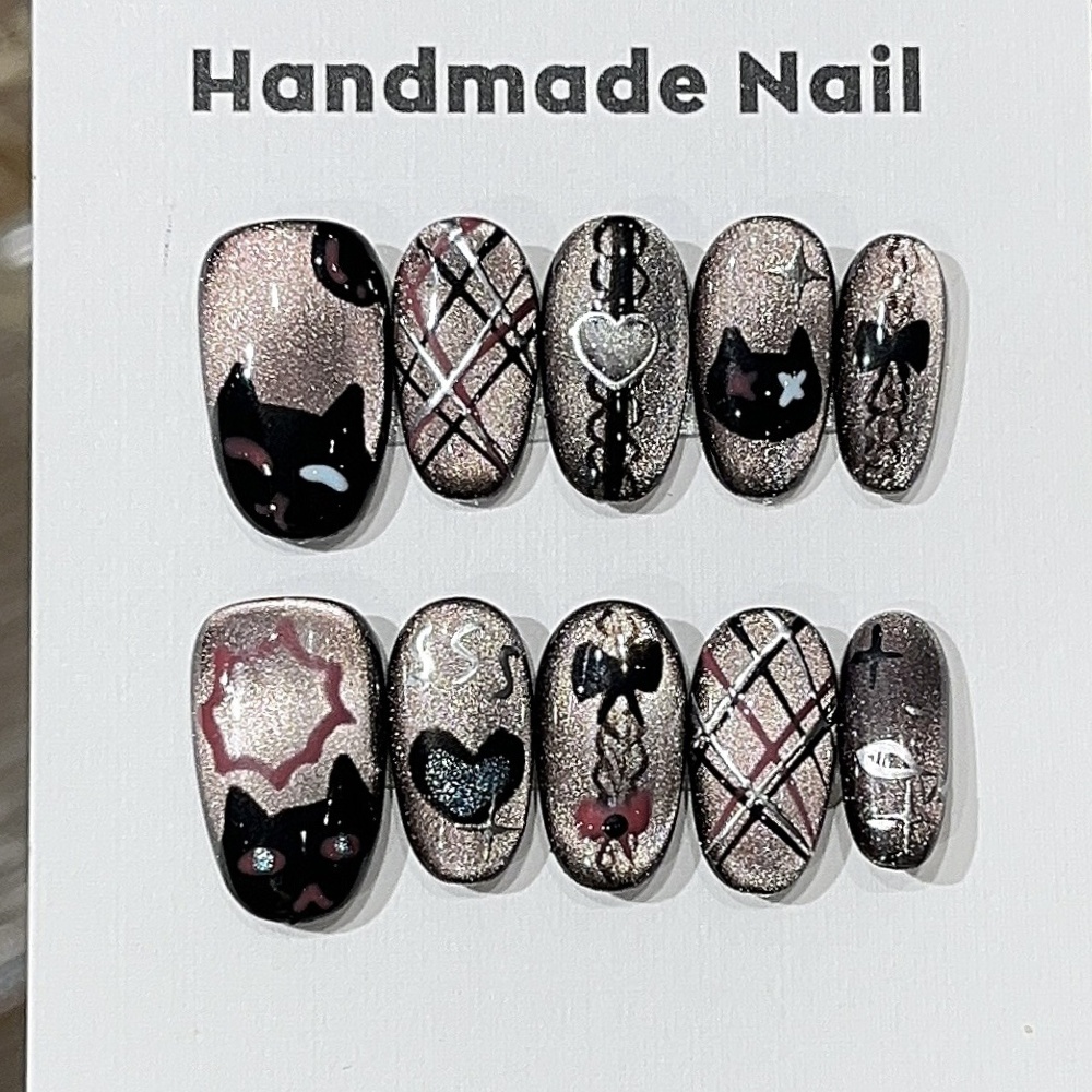 Resin Art Online - 10 Stück schwarze Katzenauge handgemachte Nägel