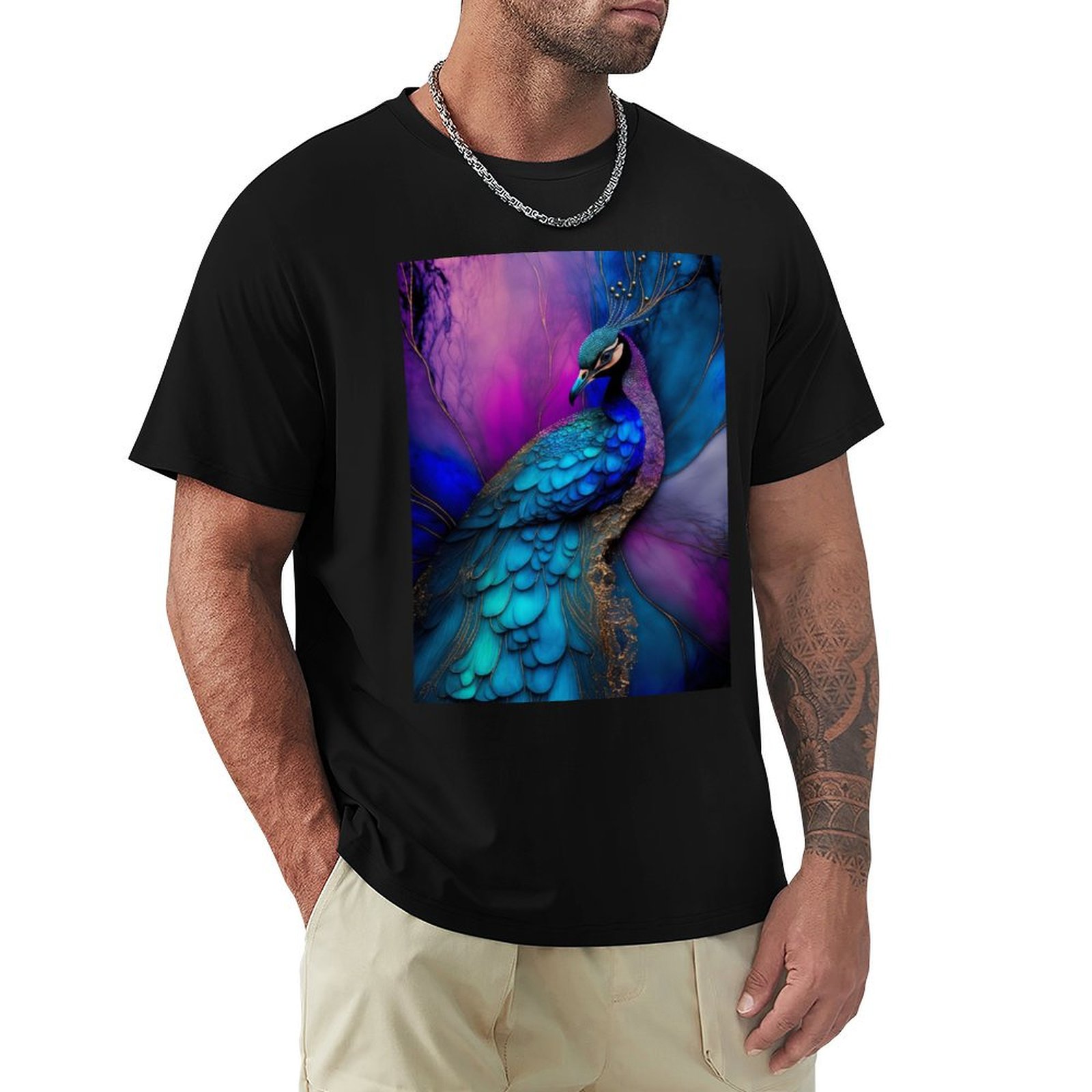Resin Art Alcohol Ink - Peacock Plume - T-Shirt mit Alkoholtinten-Harzkunst-Motiv,